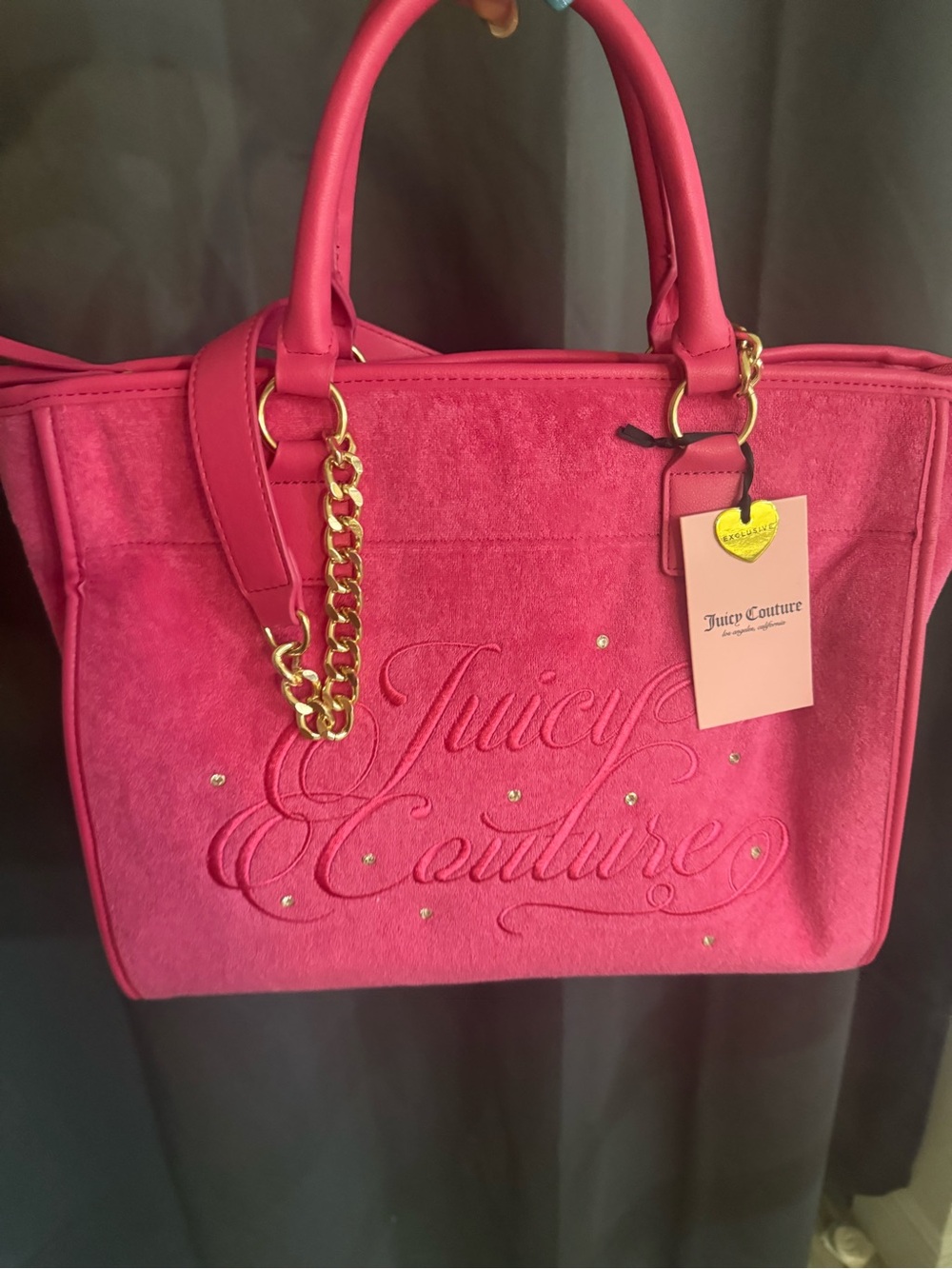 Juicy Couture Hot Pink Embroidered Tote with Gold Chain